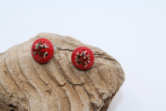 Pressed Queen Anne's Lace Red Stud Earrings
