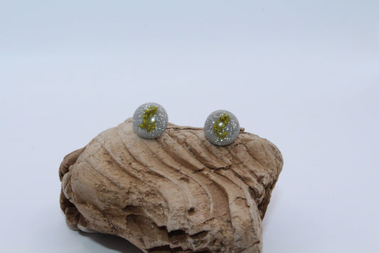Shimmering Grey Stud Earrings With Pressed Green Leaf