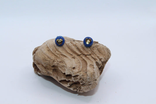 Blue Stud Earrings With Golden Heart And Queen Anne's Laces Flower