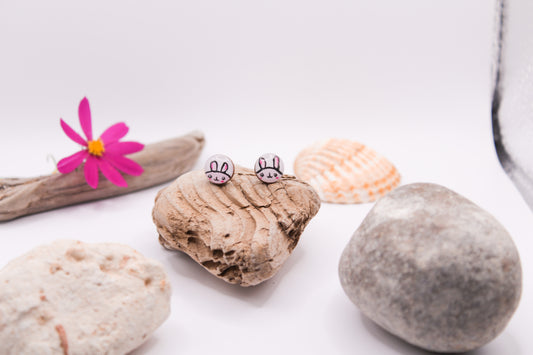 Handpainted 'Pink Rabbit' Wooden Earrings