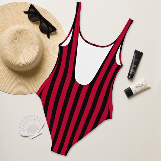 Black And Red Vertical Striped One Piece Swimsuit