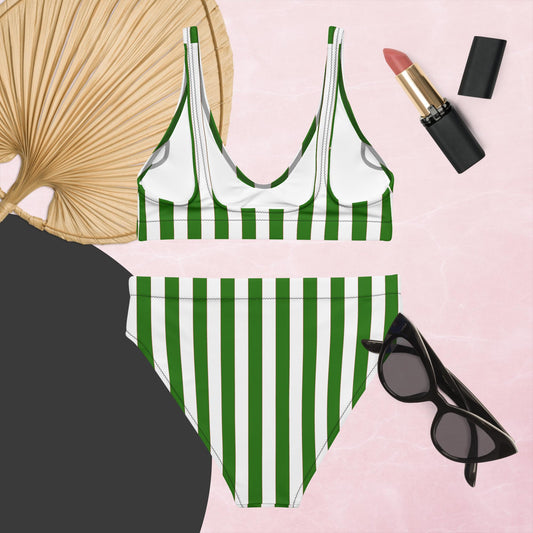 Vertical Striped Green Red White Recycled High-waisted Bikini