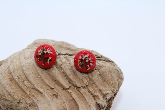 Pressed Queen Anne's Lace Red Stud Earrings