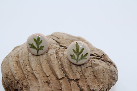 Pressed Cilantro Leaf Pink Stud Earrings