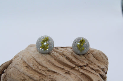 Shimmering Grey Stud Earrings With Pressed Green Leaf