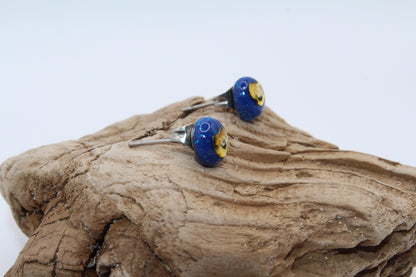 Blue Stud Earrings With Golden Heart And Queen Anne's Laces Flower