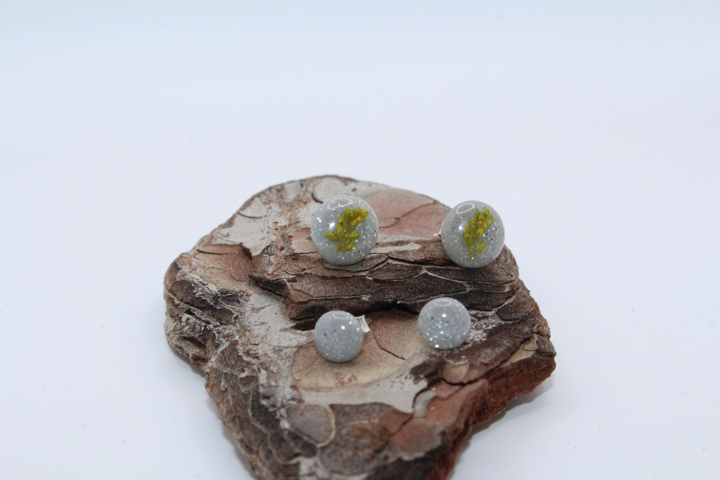 Shimmering Grey Stud Earrings With Pressed Green Leaf