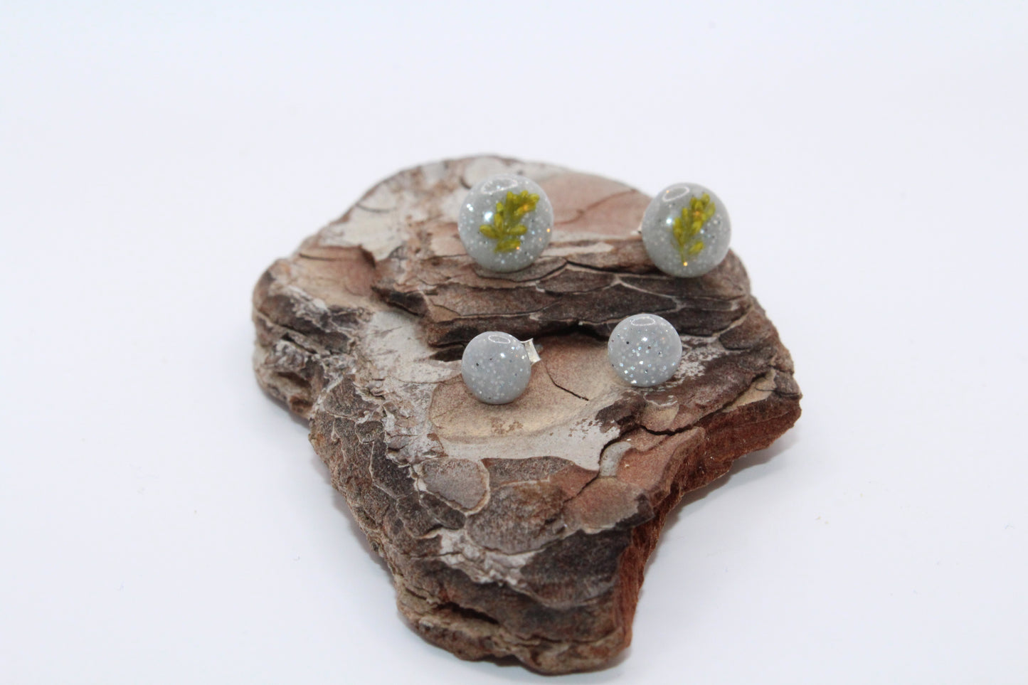 Shimmering Grey Stud Earrings With Pressed Green Leaf