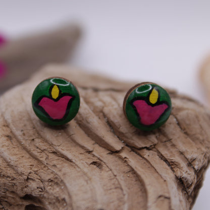 Handpainted 'Pink Tulip' Wooden Earrings