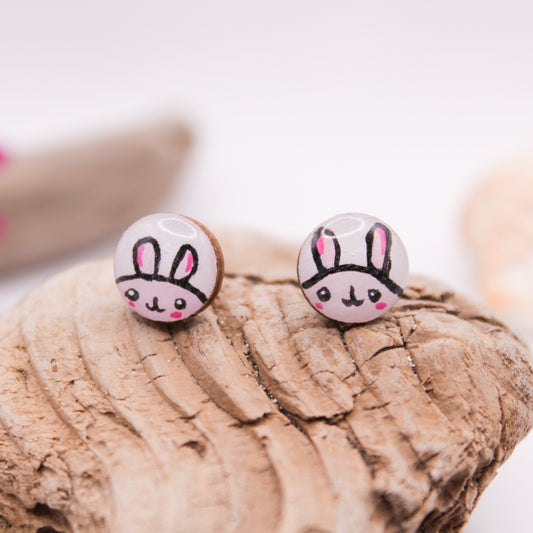 Handpainted 'Pink Rabbit' Wooden Earrings