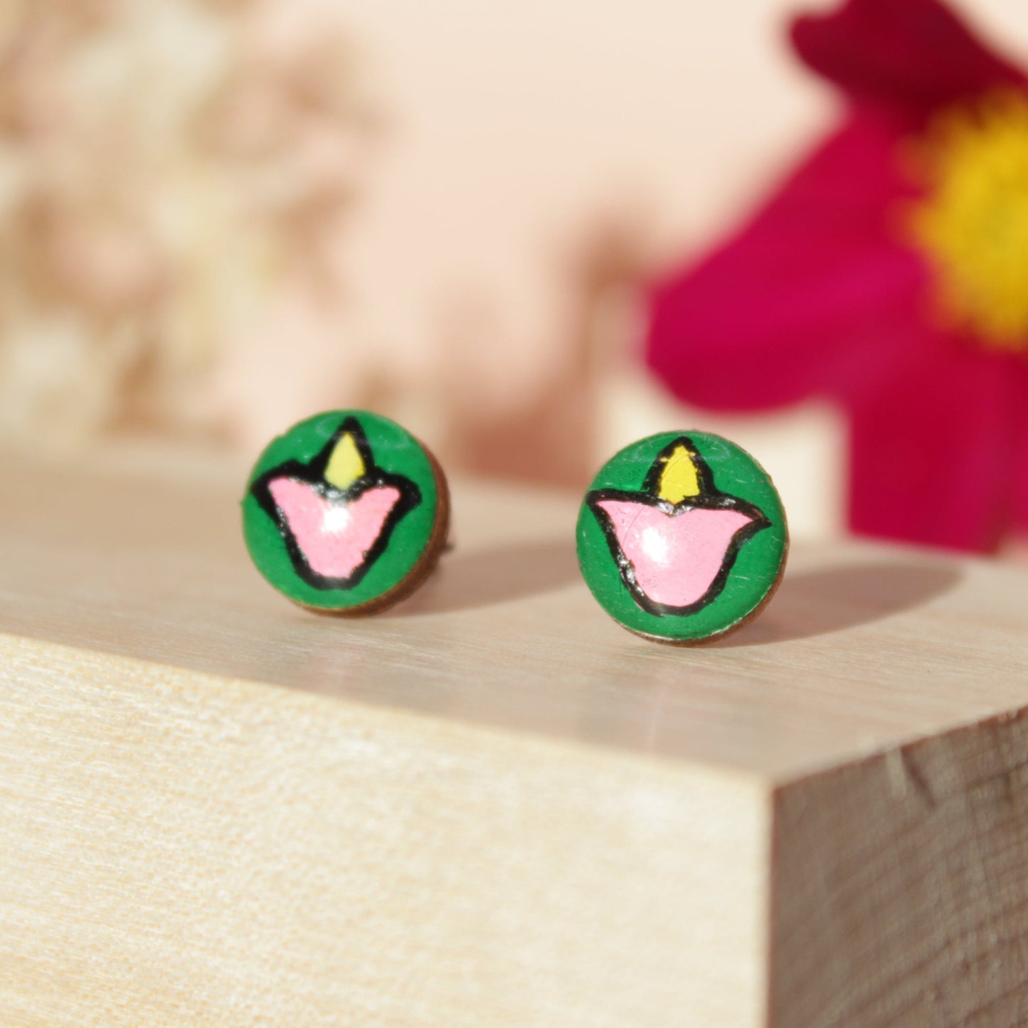 Handpainted 'Pink Tulips' Wooden Earrings