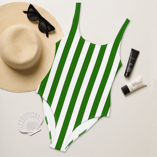 Vertical Striped One piece Swimsuit - Green Red White