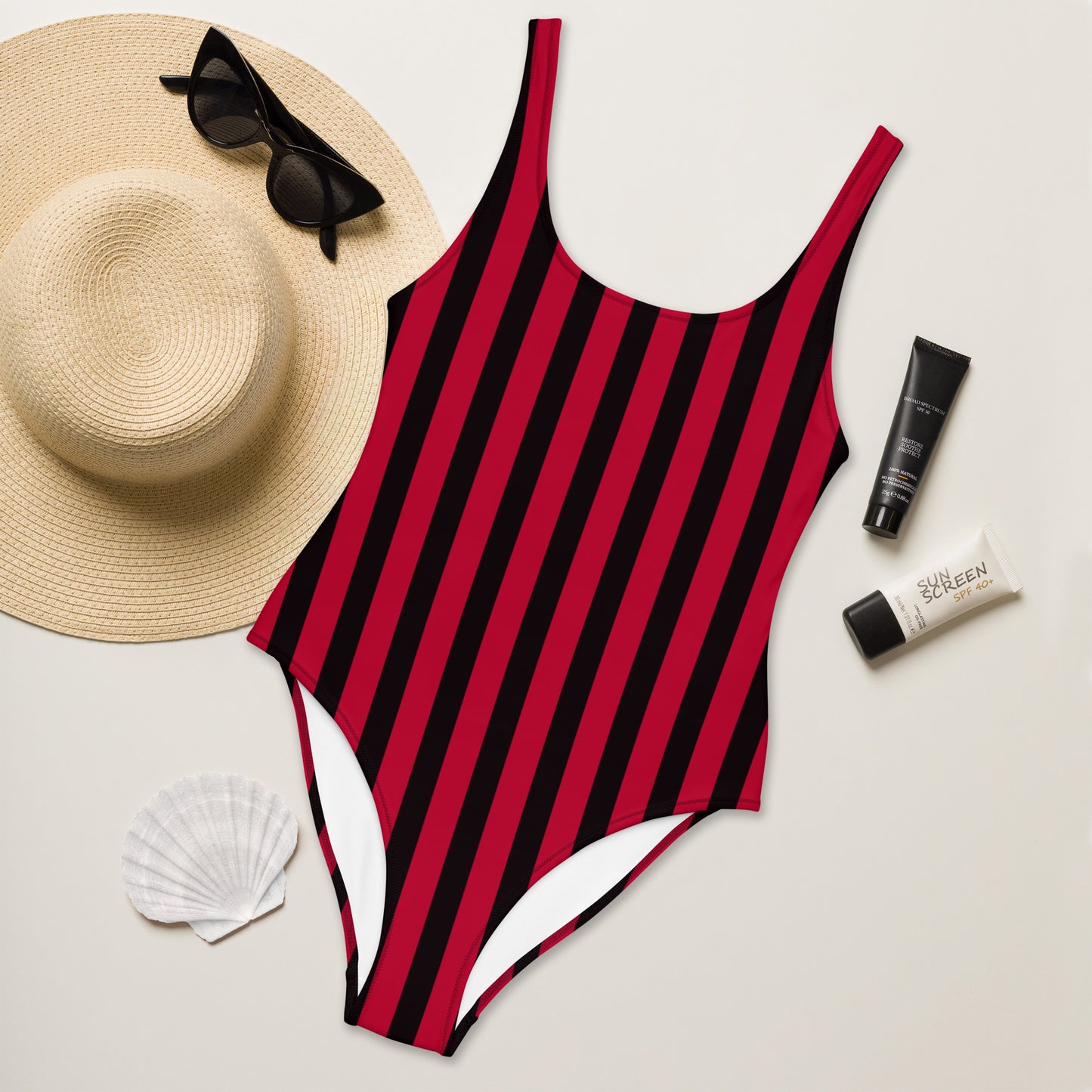 Black And Red Vertical Striped One Piece Swimsuit