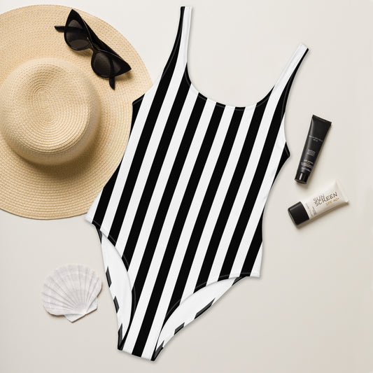 One-piece Swimsuit With Black White Stripes