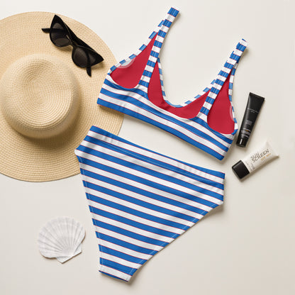 Blue Red And White Horizontal Striped Recycled High-waisted Bikini