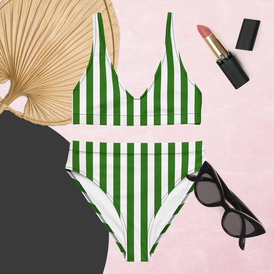 Vertical Striped Green Red White Recycled High-waisted Bikini