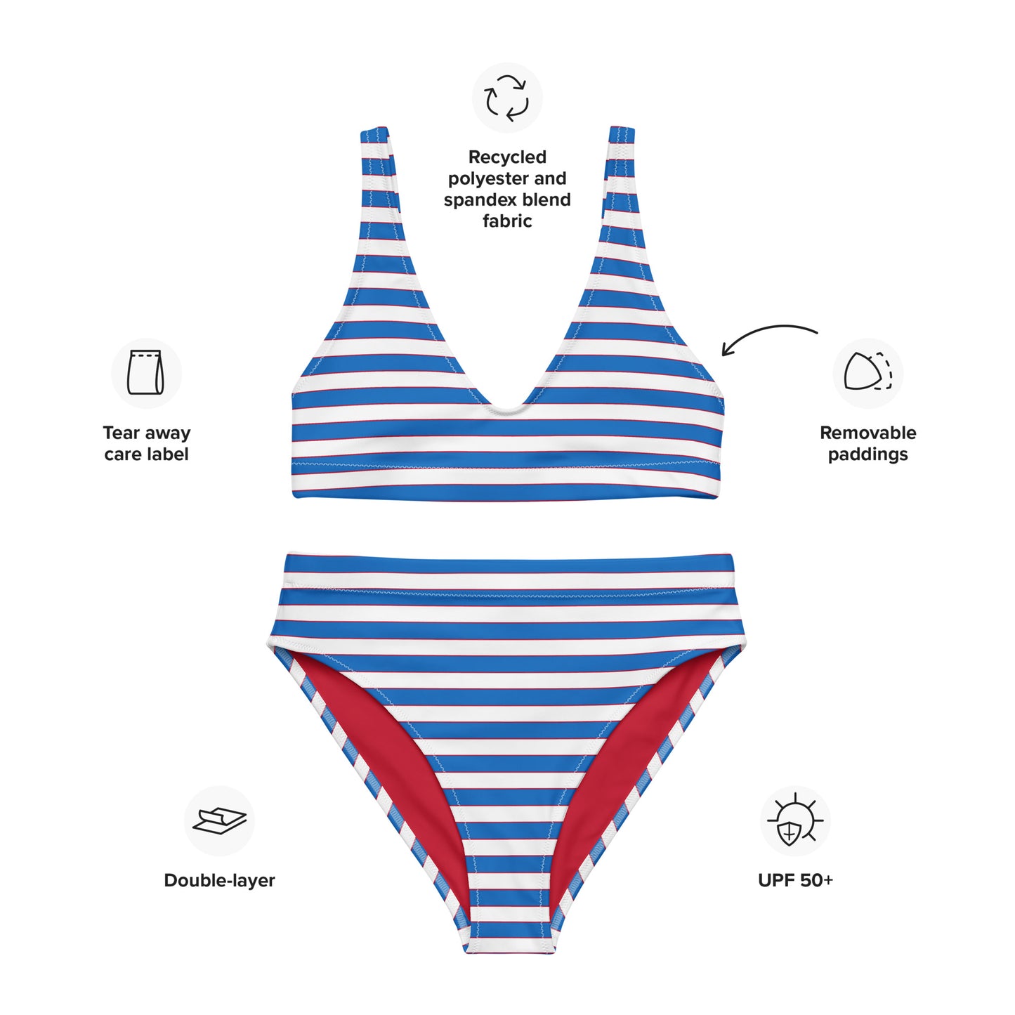 Blue Red And White Horizontal Striped Recycled High-waisted Bikini